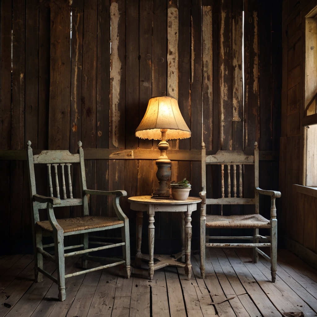 Distressed painted chairs add warmth to a cozy rustic room, their chipped edges glowing under soft, vintage lighting. The worn textures blend seamlessly with natural wood accents.