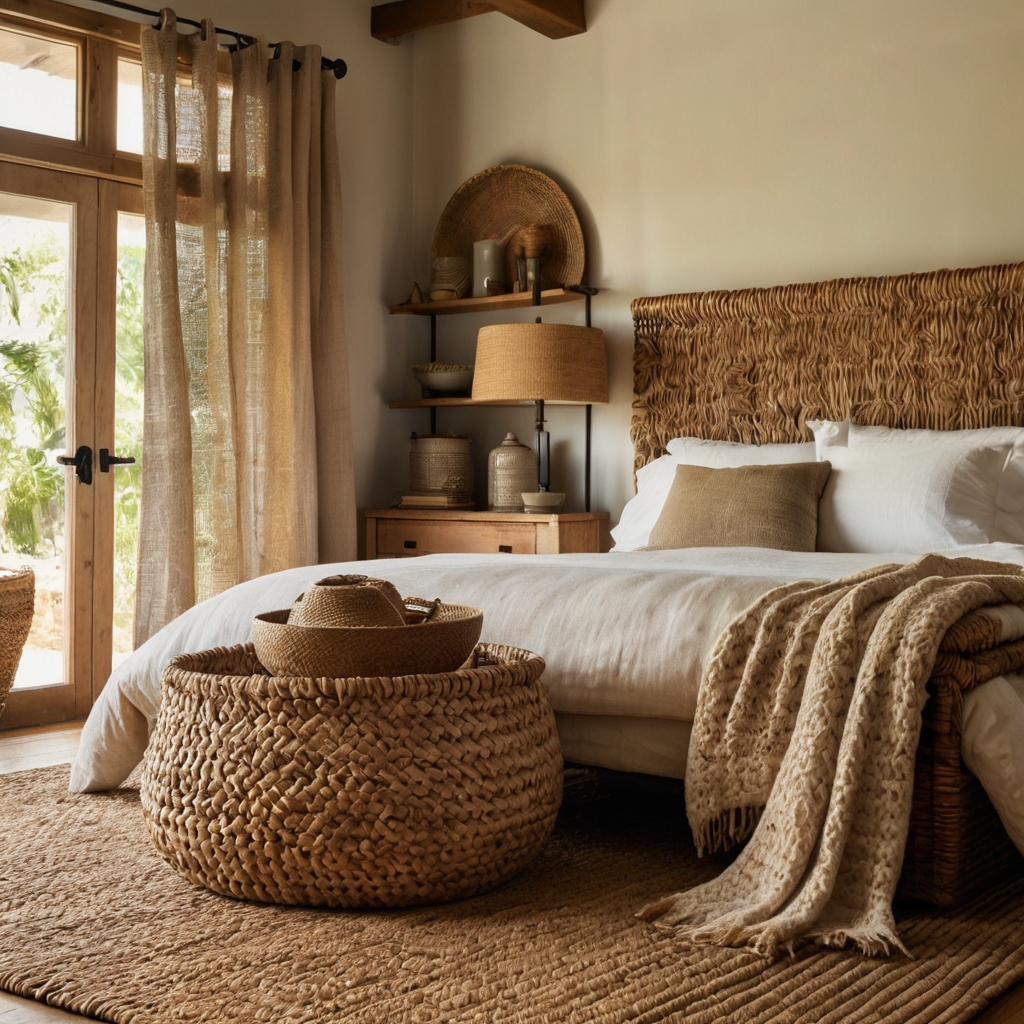 Rustic room with seagrass rugs and sunlit aged wood floors. Baskets and natural textures evoke warmth and coastal calm.