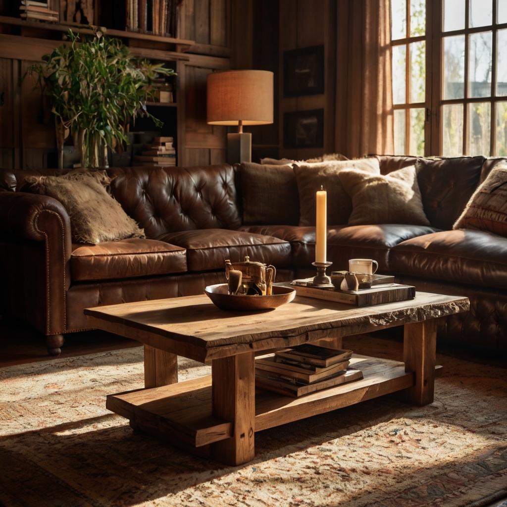 Rustic coffee table with vintage books paired with a plush chocolate couch. Aged textures and warm lighting create depth.