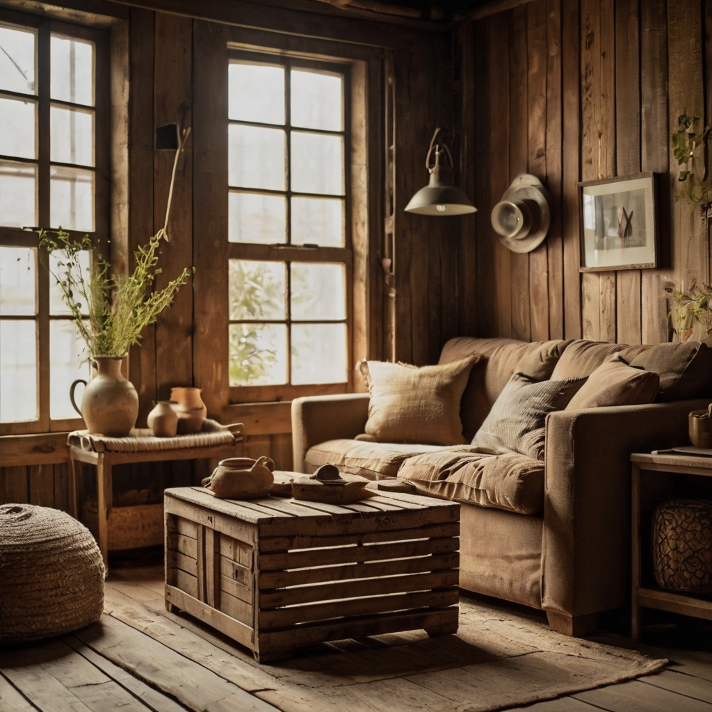 Vintage crates and cracked pottery rest by aged shutters. Rustic elements wrap small rooms in familiar charm.