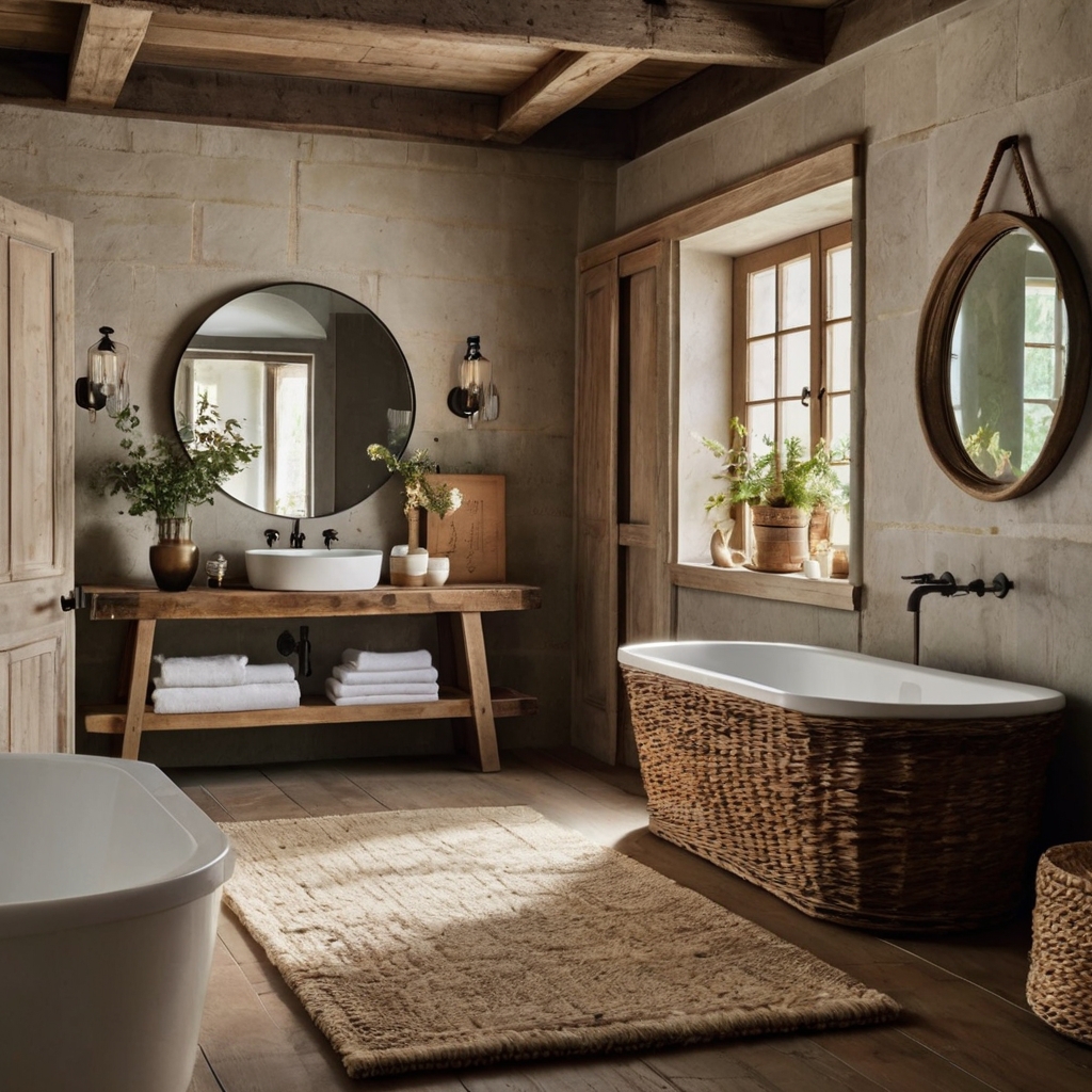 Cozy farmhouse bathroom featuring exposed beams and textured stone walls. Warm light bathes rustic wood and linen elements.