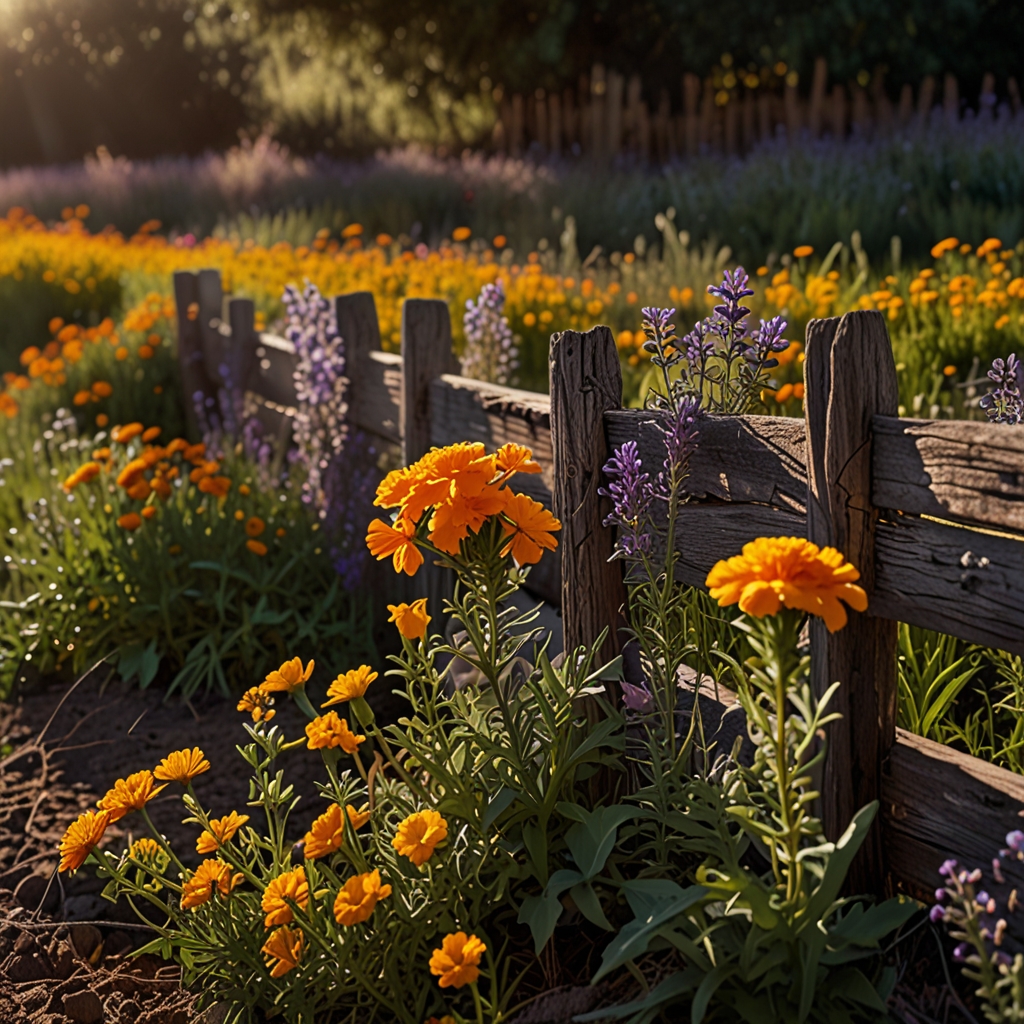 Marigolds and lavender bloom along a rustic fence line. Evening sun casts horizontal shadows, deepening natural textures.