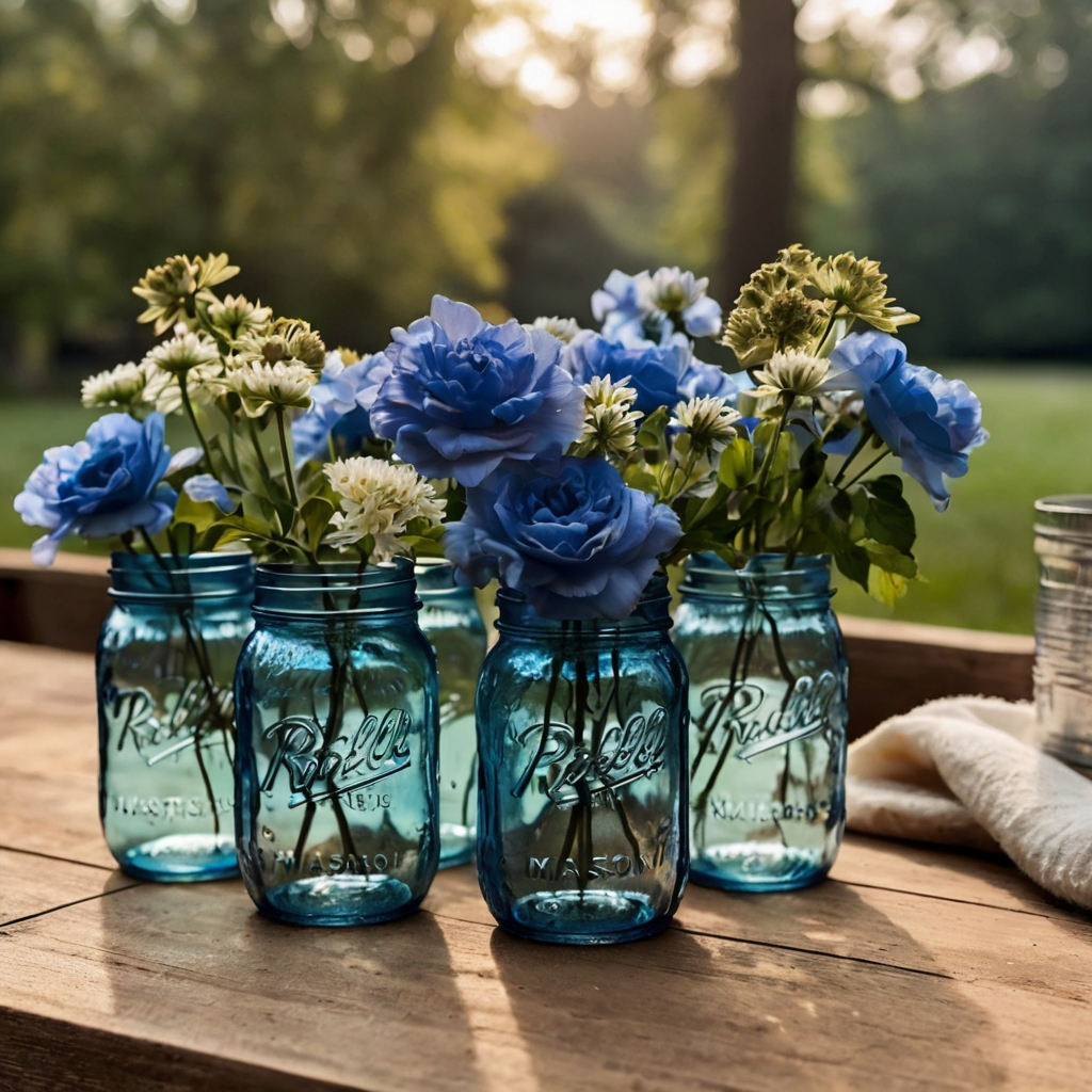 Rustic mason jars cradle vibrant blue florals on a wooden picnic table beneath dreamy fairy lights. Sunlight filters through leaves, creating cozy, dappled shadows across the scene.
