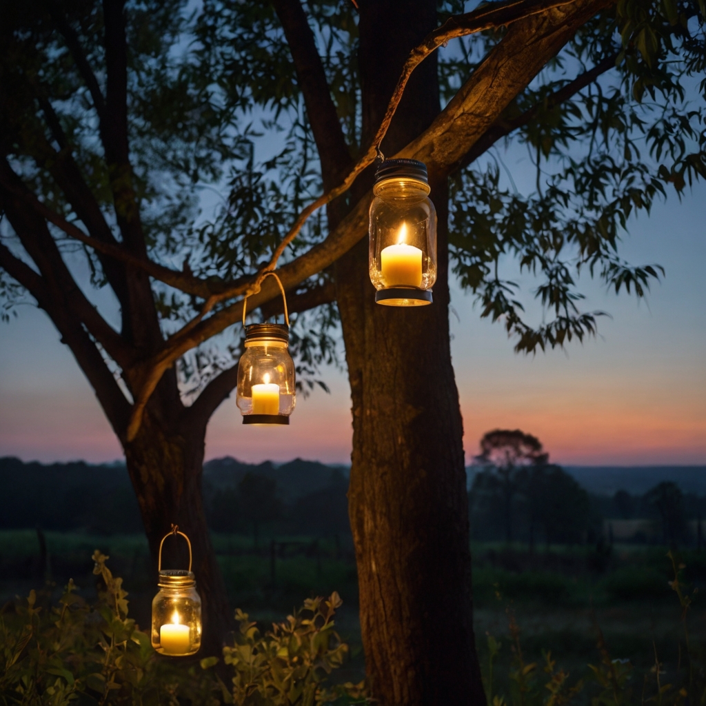 Vintage glass jars wrapped in rope glow softly under dusky sky. Hanging lanterns cast warm light beside garden blooms and wild vines.