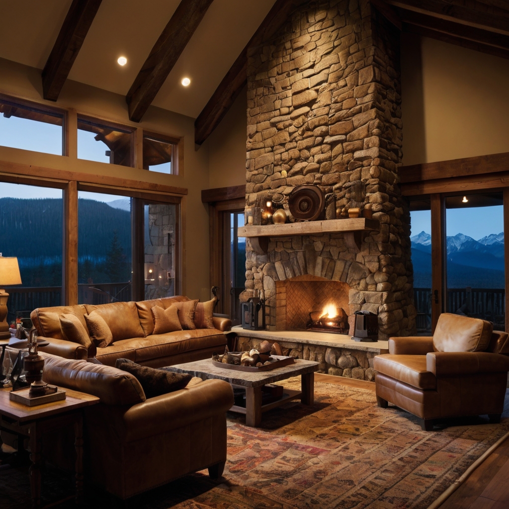 Chocolate couch faces rustic stone fireplace glowing with warmth. Cozy textures and amber light set mountain mood.