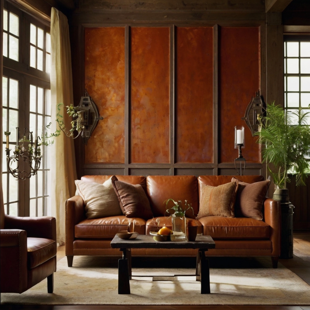 Rust-toned couch surrounded by deep leather and ceramic accents. Golden evening light enhances textures and evokes cozy vintage warmth.