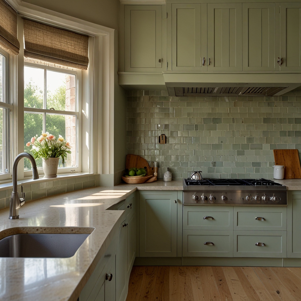 Sage green walls and cream cabinetry glow softly in daylight. A peaceful space full of softness and warmth.