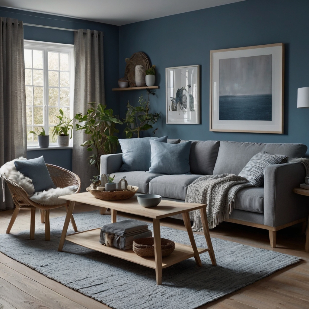 Design a Scandinavian-inspired living room with pale wood furniture and minimalist décor. Soft natural light highlights the serene, uncluttered aesthetic.