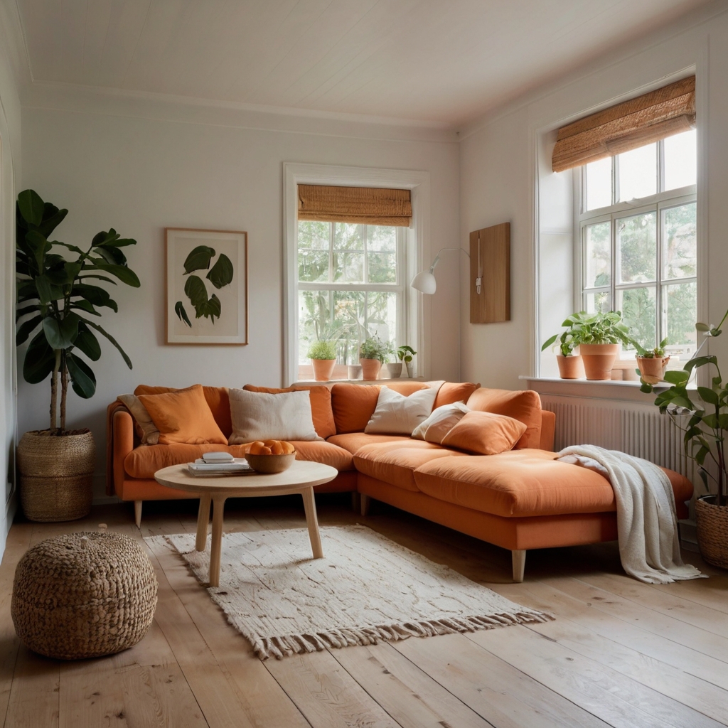 Scandinavian living room with soft orange decor on pale wood flooring. Gentle daylight filters through beams, highlighting subtle textures and hues.