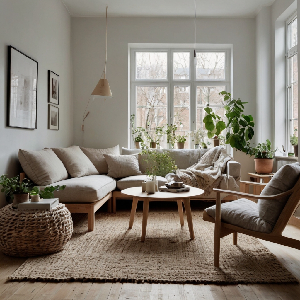 Scandinavian-inspired living room with light wood, cozy textiles, and green plants. Natural sunlight enhances the minimalist warmth.