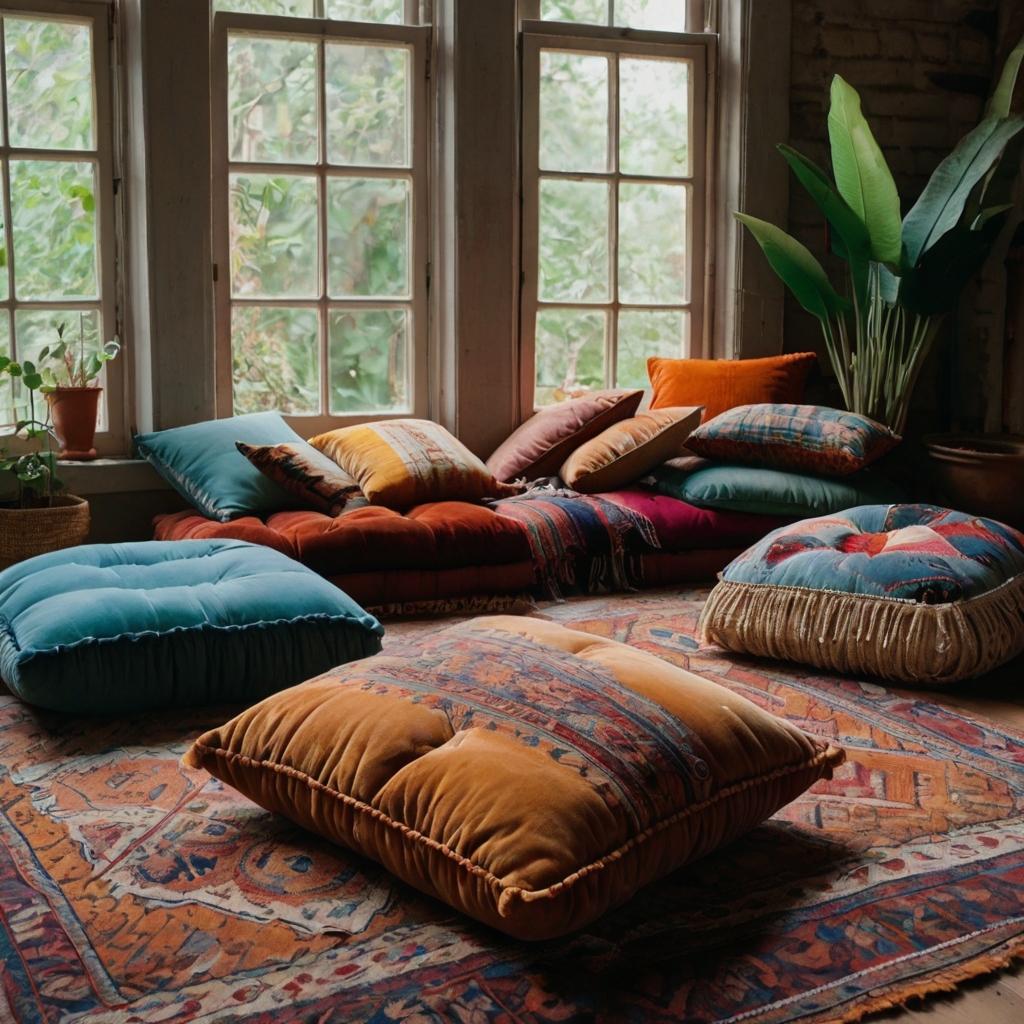 Colorful floor cushions scatter freely across a cozy earthy boho bedroom. Casual seating with soft, textured fabrics invites relaxed lounging.