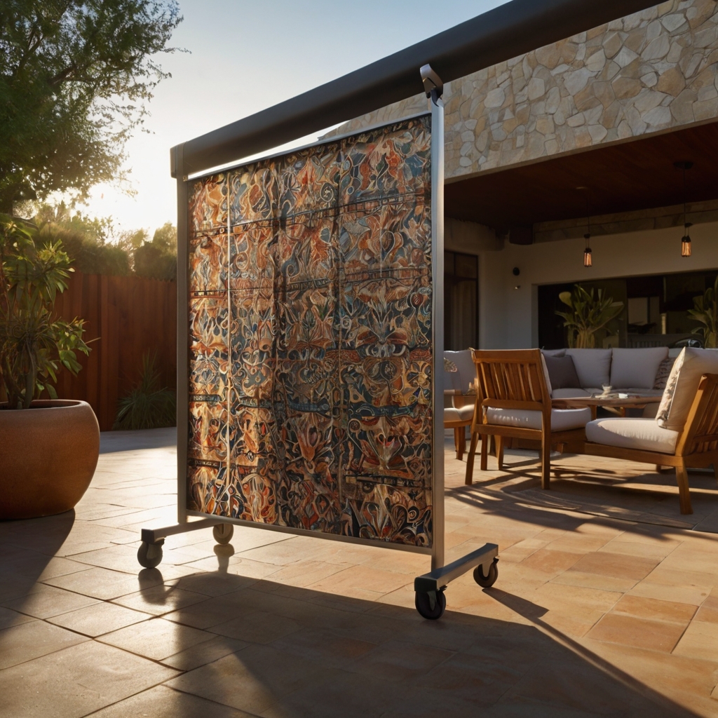 A mobile privacy screen with artistic fabric casts elongated shadows at golden hour. Visible wheels highlight its moveable, outdoor-friendly design.