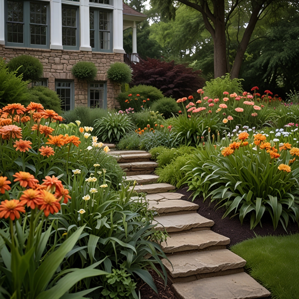 Tiered beds mix lilies, zinnias, and groundcovers in height harmony. Side light adds glow, low shot enhances layer depth.