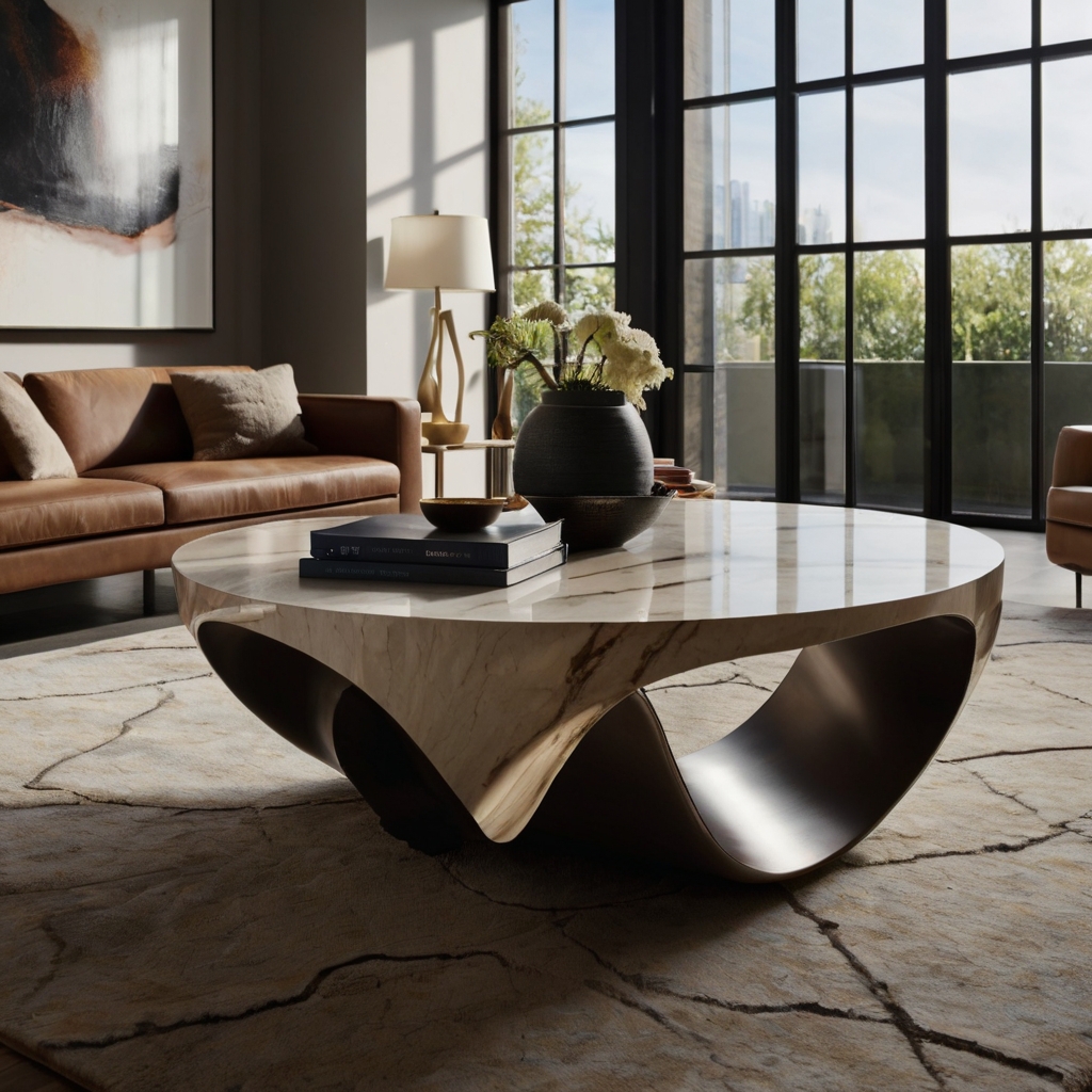 Artistic coffee table with abstract curves, matte stone texture under soft natural light. Modern living room setting with deep shadows enhancing the dramatic design.