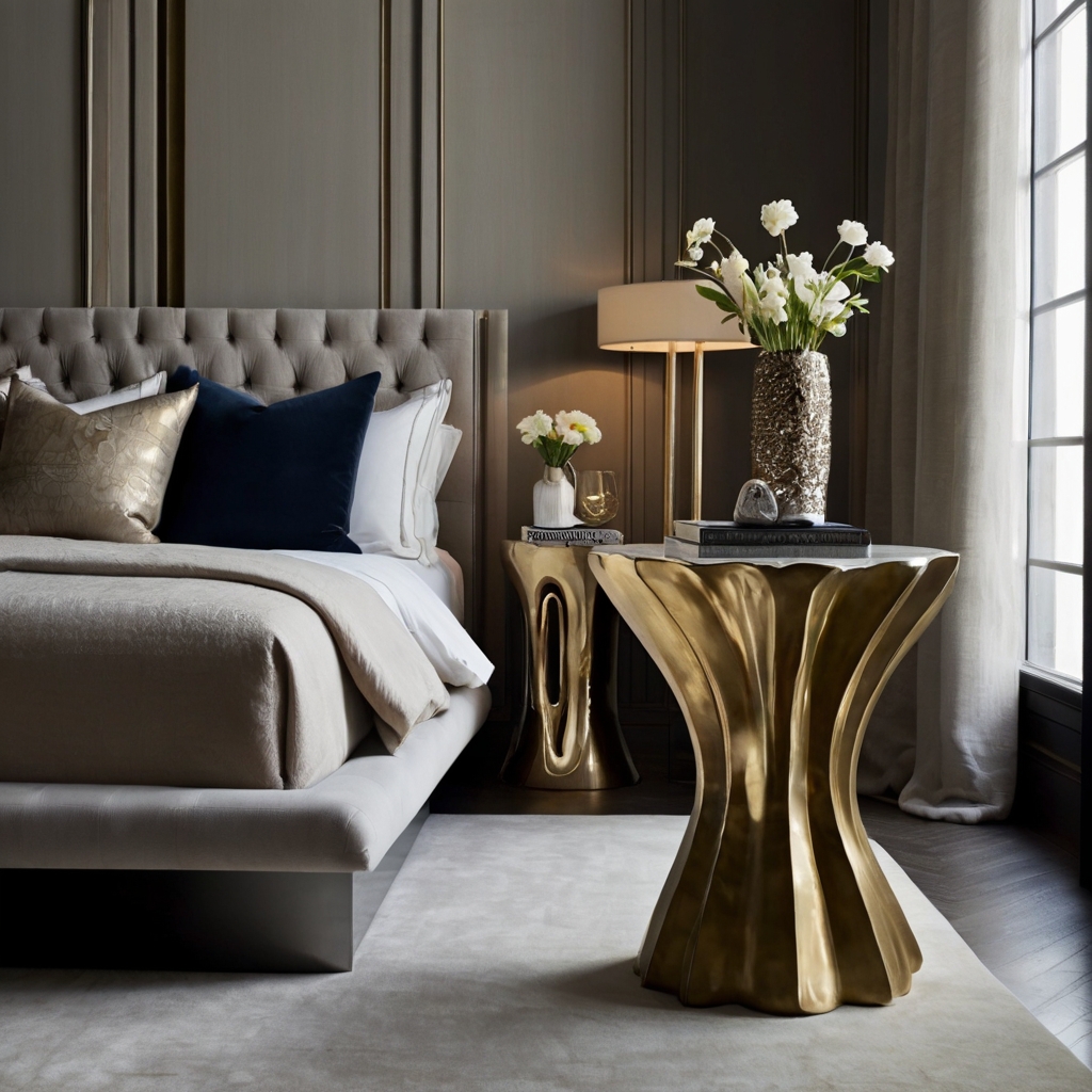 Asymmetrical marble side tables sculpt the space beside bed. Artful silhouettes serve function with style and luxury.