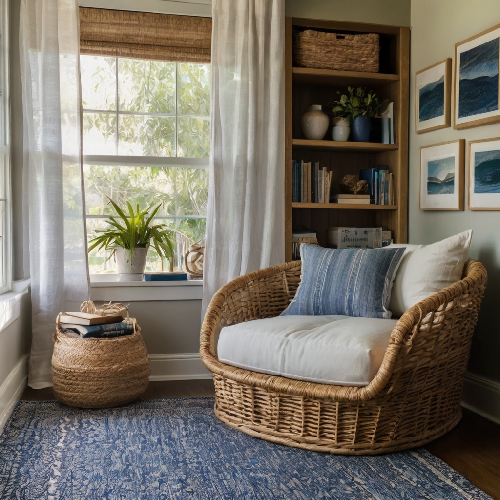 Reading nook with white chair and ocean-tone pillows. Bright window light enhances the coastal mood.