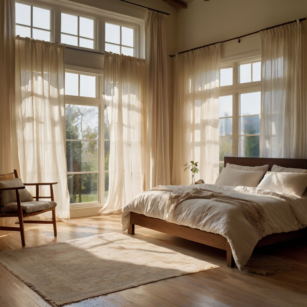 Sheer white curtains float gently in the breeze. Light filters through to create an airy, open atmosphere.