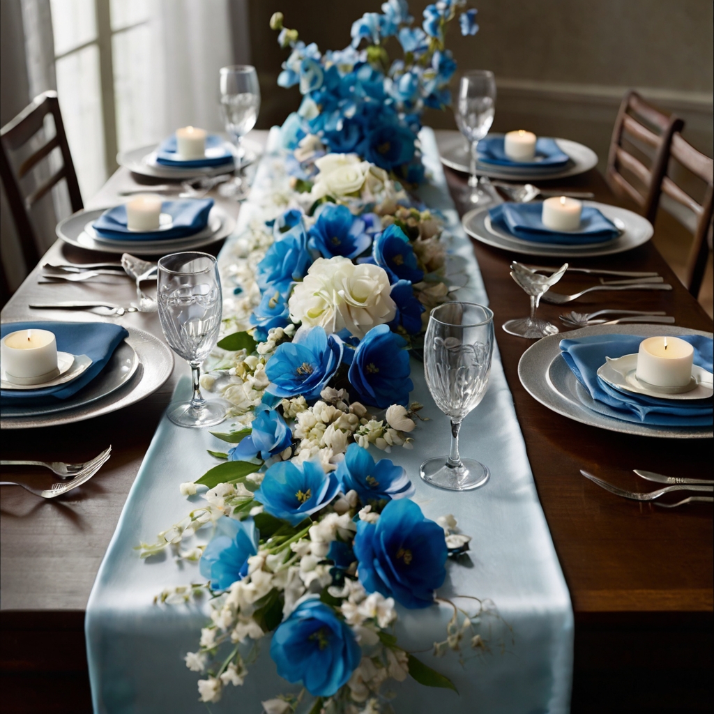 Artificial blue florals weave along a silk table runner like flowing waves, soft light casting subtle shadows. The look feels smooth, long, and luxuriously elegant from end to end.