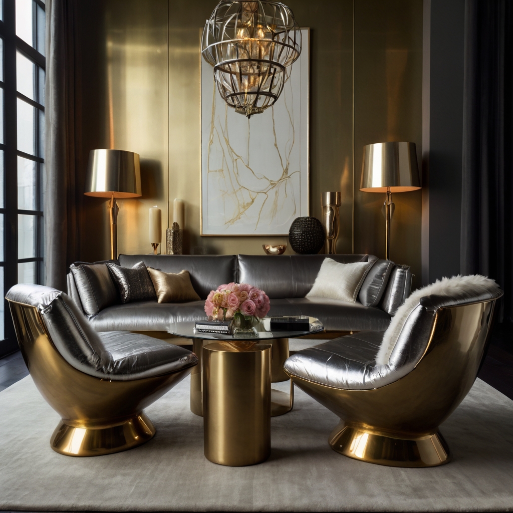 Metallic-painted chairs in silver, gold, and bronze shine under dramatic spotlights. Their reflective surfaces stand out in a modern, industrial setting.