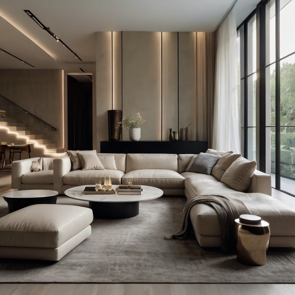 Minimalist living room with sleek, neutral-toned modern furniture. Soft lighting highlights the clean lines and airy atmosphere.