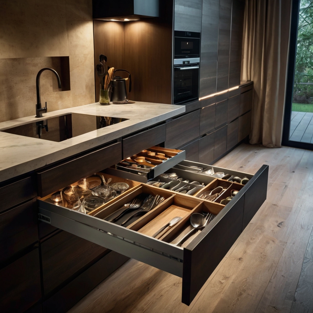 Open deep drawer with vertical utensil dividers in compact kitchen. Side shot focuses on lighting, floor texture, and smart storage.