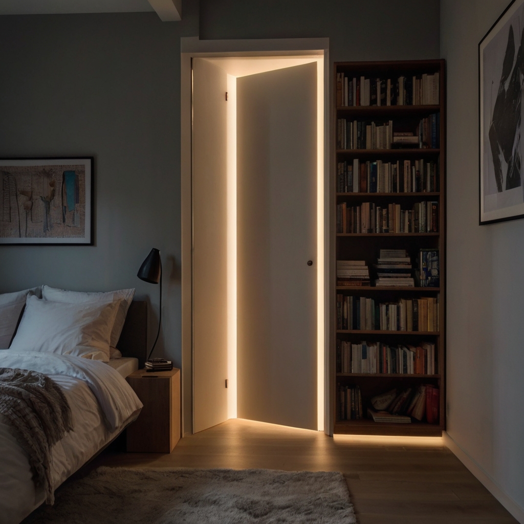A tall, slim shelf hides subtly behind an open door, books casting thin shadows. The minimalist space glows under ambient lighting.