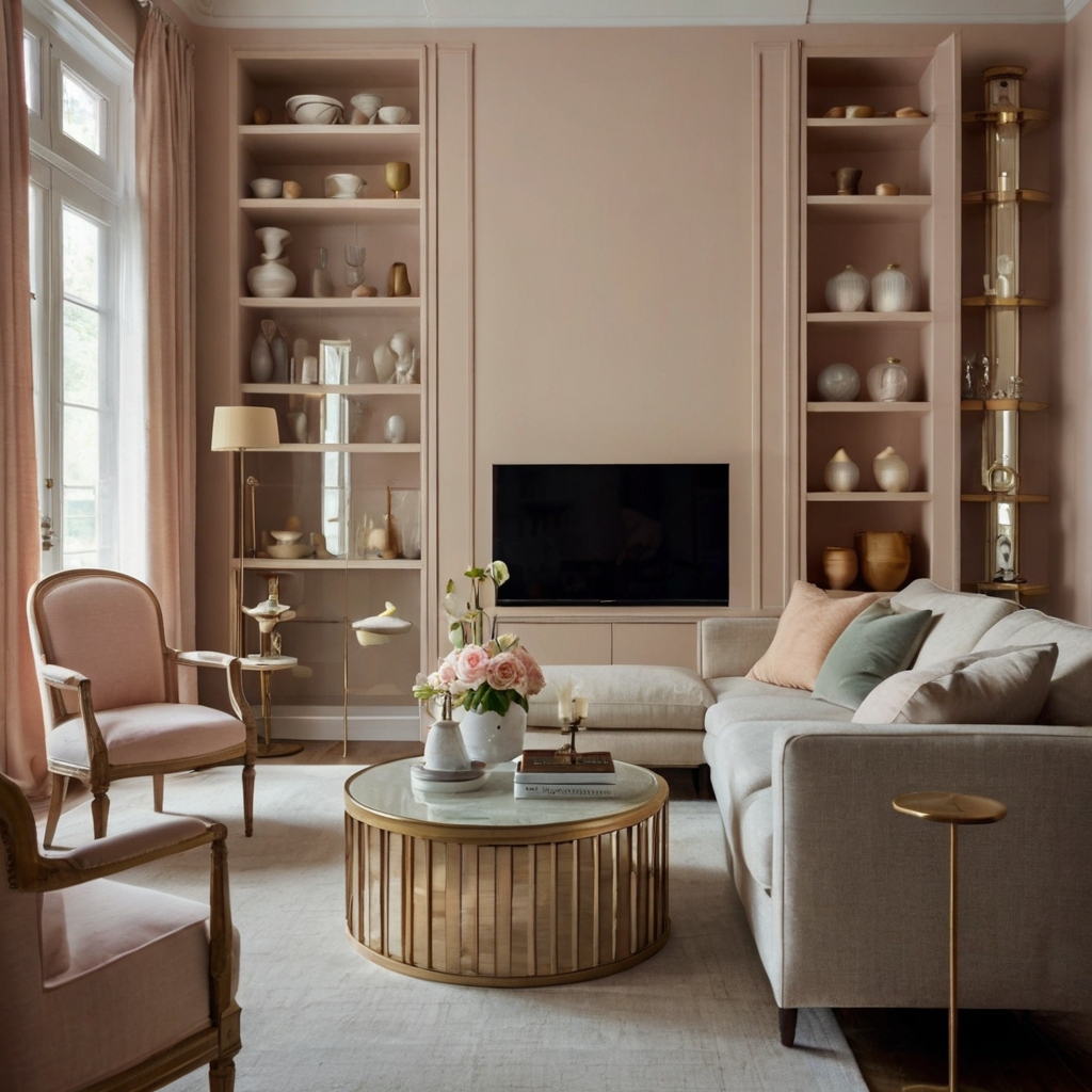 A compact living room featuring multifunctional furniture and soft pastel colors. Mirrors and soft lighting create an illusion of openness in the space.