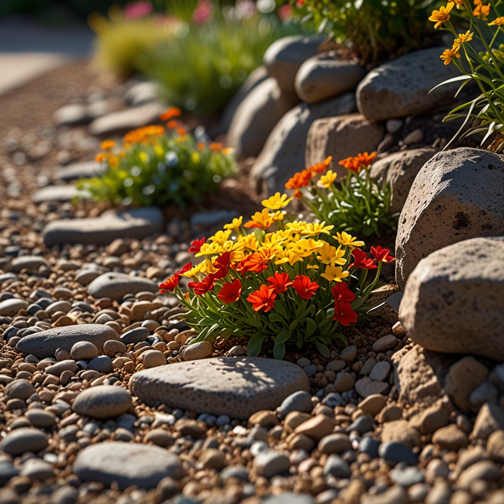 Close-up of narrow stone-edged flower bed with colorful blooms. Afternoon light emphasizes stone texture and scale from low angle.