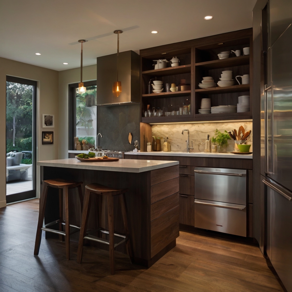 Tiny kitchen with fold-out table, wheeled cart, and toe-kick drawers. Side view captures movable storage under warm ambient lighting.