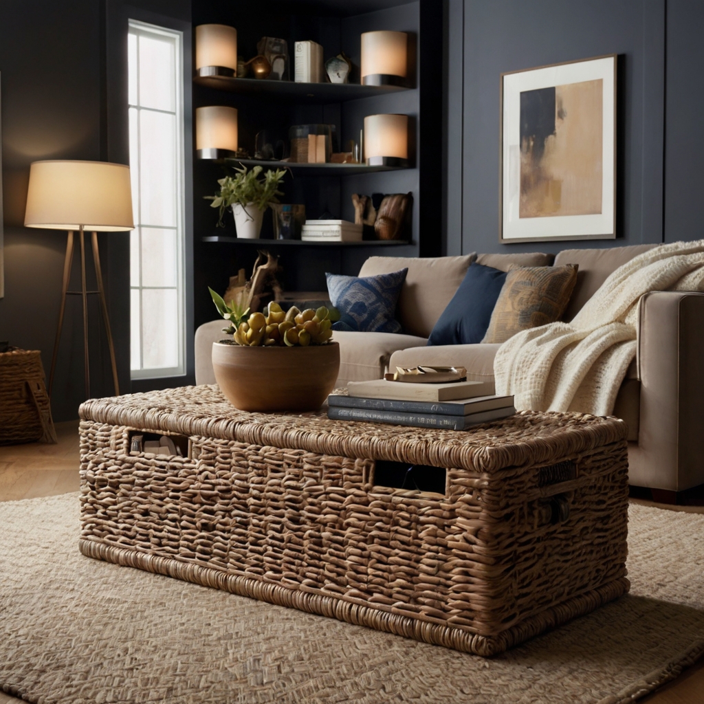 Stylish living room with hidden storage baskets and built-in shelves. Soft lighting keeps the space organized, cozy, and neat.