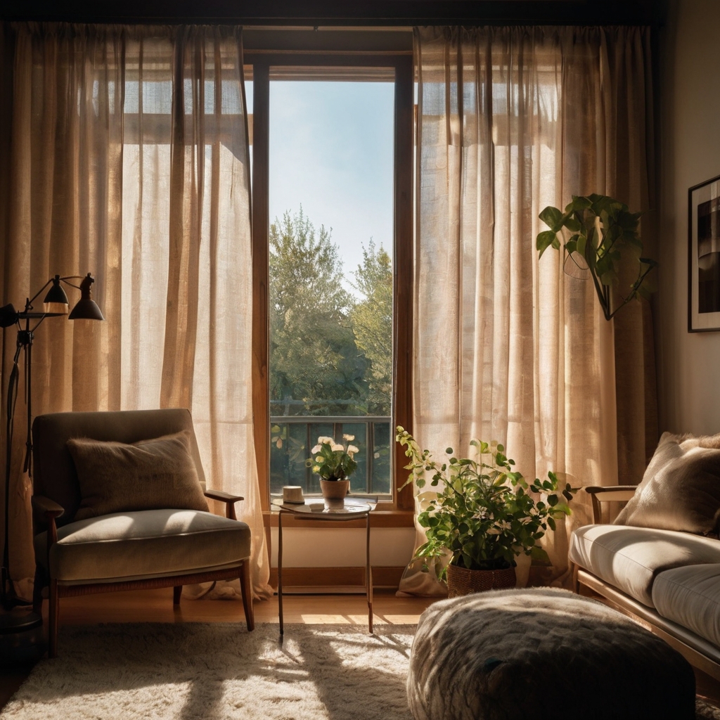 Sheer curtains billow softly across wide windowsills. Light drapes blur lines between indoors and out.