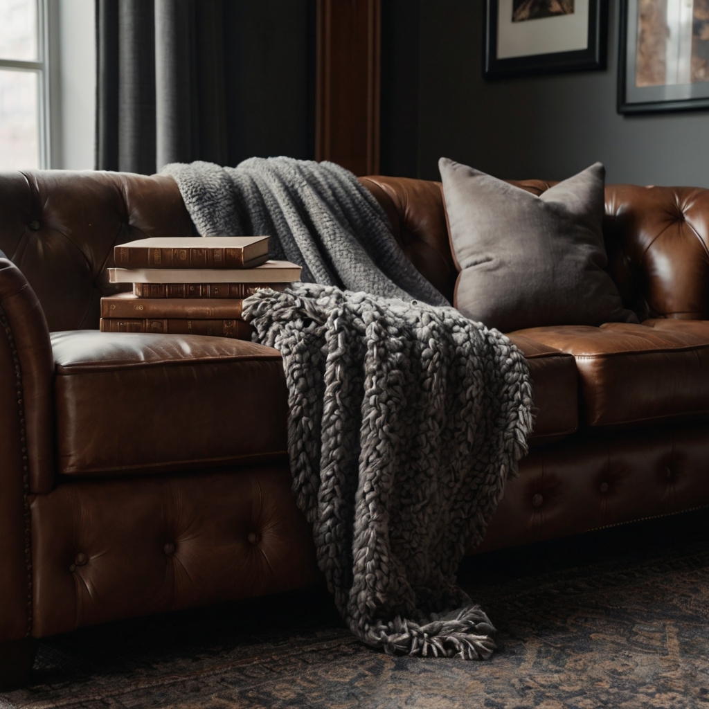 Gray throws draped on a chocolate leather couch with soft side light. Tactile elegance and cozy texture blend.