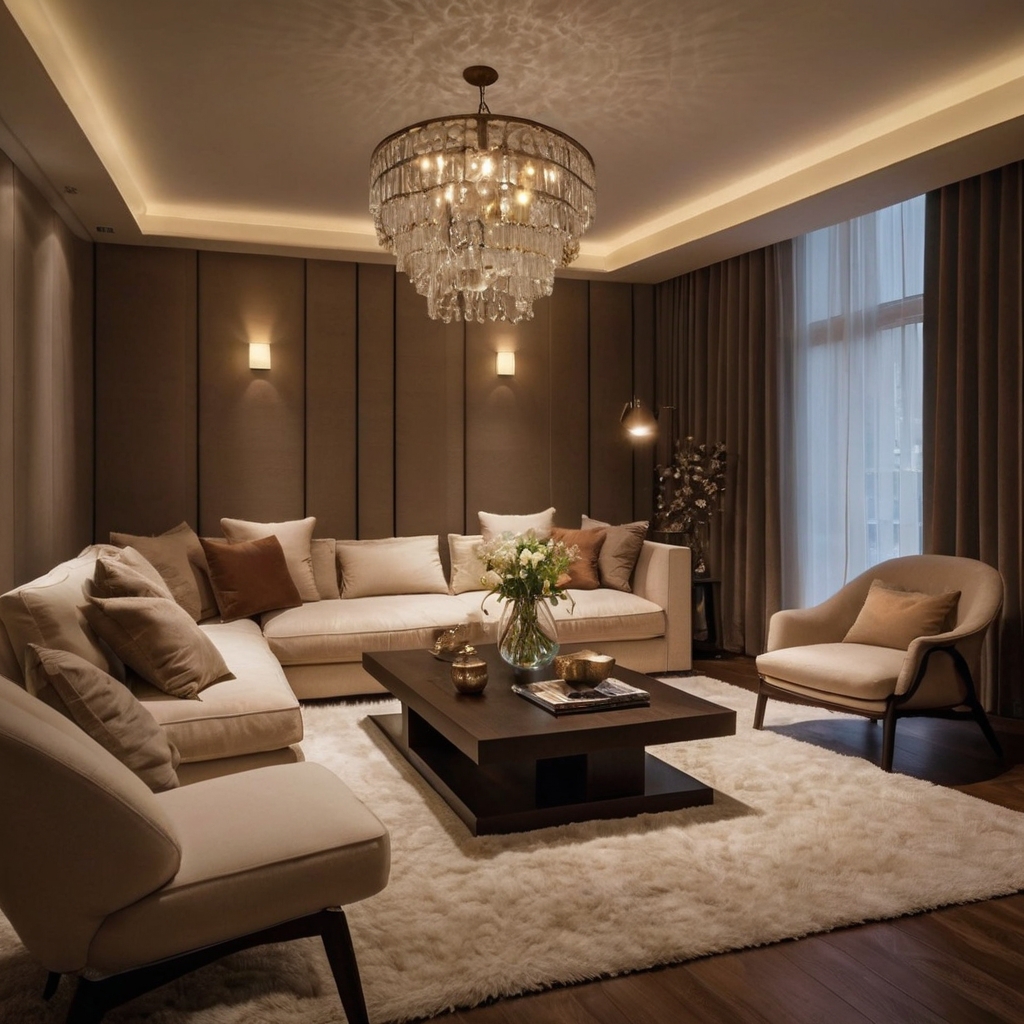 Cozy living room with dim pendant lamps and soft wall sconces. Warm lighting creates a relaxed, intimate atmosphere.