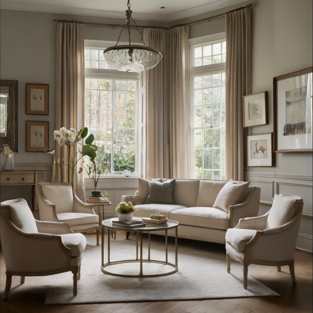 Soft beige, taupe, and light gray painted chairs create a serene atmosphere in a peaceful living room. Gentle lighting complements the understated tones and welcoming vibe.