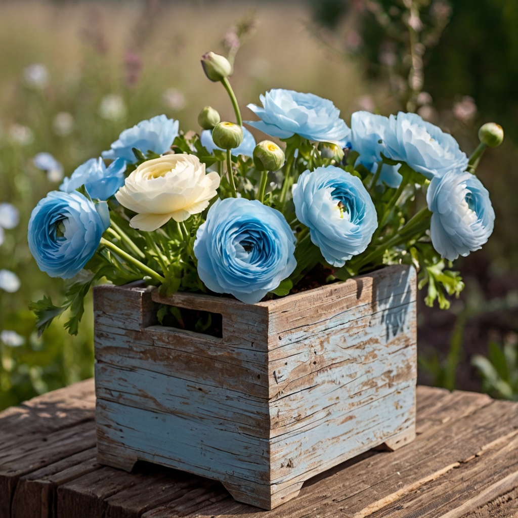 Sky-blue ranunculus blooms curl within rustic wooden planters, kissed by golden morning sunlight. The pairing of aged wood and soft petals creates a peaceful countryside mood.