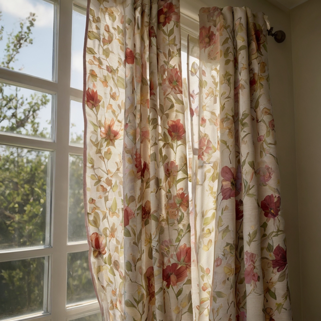 Soft floral window treatments flutter gently, allowing filtered light to spill into the kitchen. The delicate fabric adds a touch of warmth and elegance to the room.