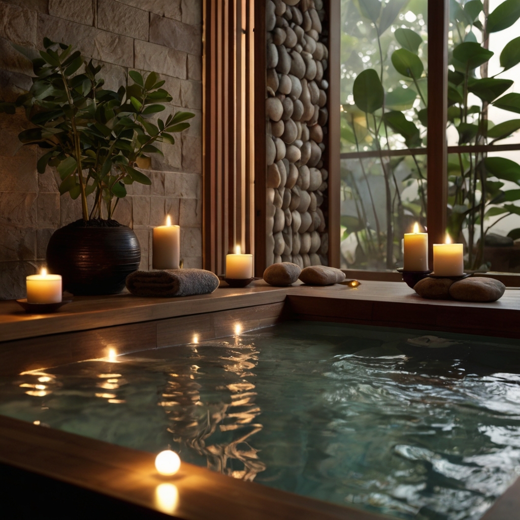 Spa-inspired bathroom with teak trays, river stones, and eucalyptus under halogen light. Steam rises into warm, peaceful air.