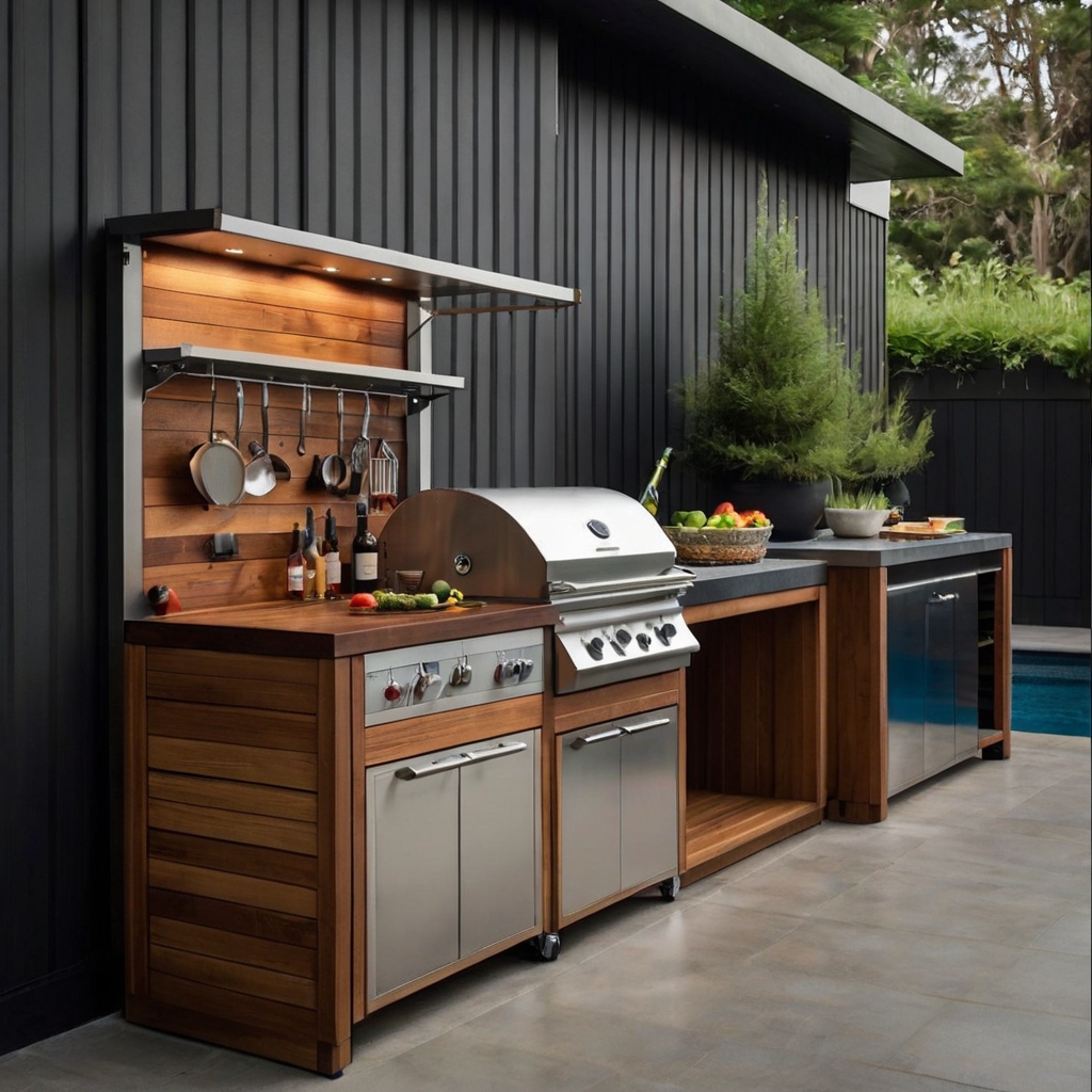A compact BBQ kitchen with foldable prep tables and vertical storage. Rolling carts maximize functionality in small spaces.