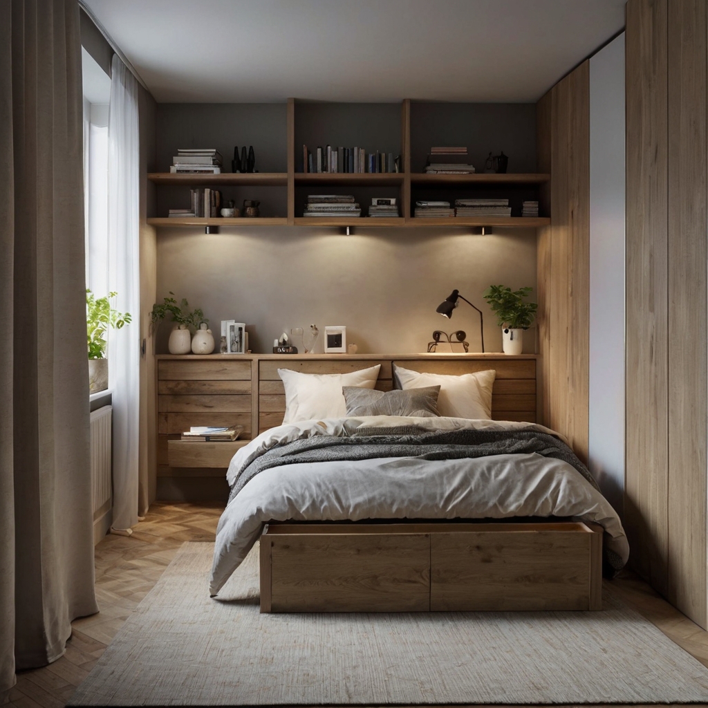 A small, functional bedroom with under-bed storage and floating shelves. Soft light highlights the efficient, minimalist design.