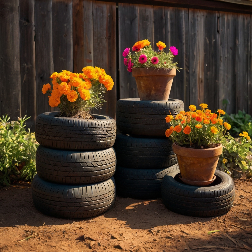 Colorful stacked tires hold blooming flowers in an upcycled garden corner. Painted rubber planters add playful charm and bold height.