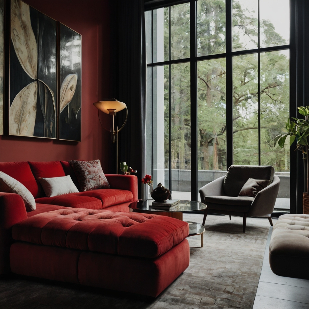 A living room with bold statement furniture, like a red sofa and sculptural coffee table. Dramatic lighting highlights the unique design elements in the space.
