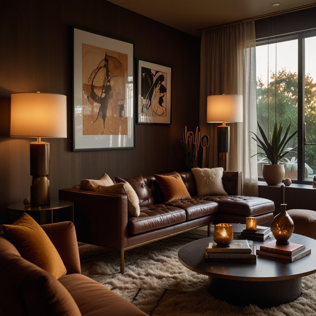 Sculptural lamps glow warmly beside a chocolate couch in boho-modern space. Golden lighting adds rich ambient charm.