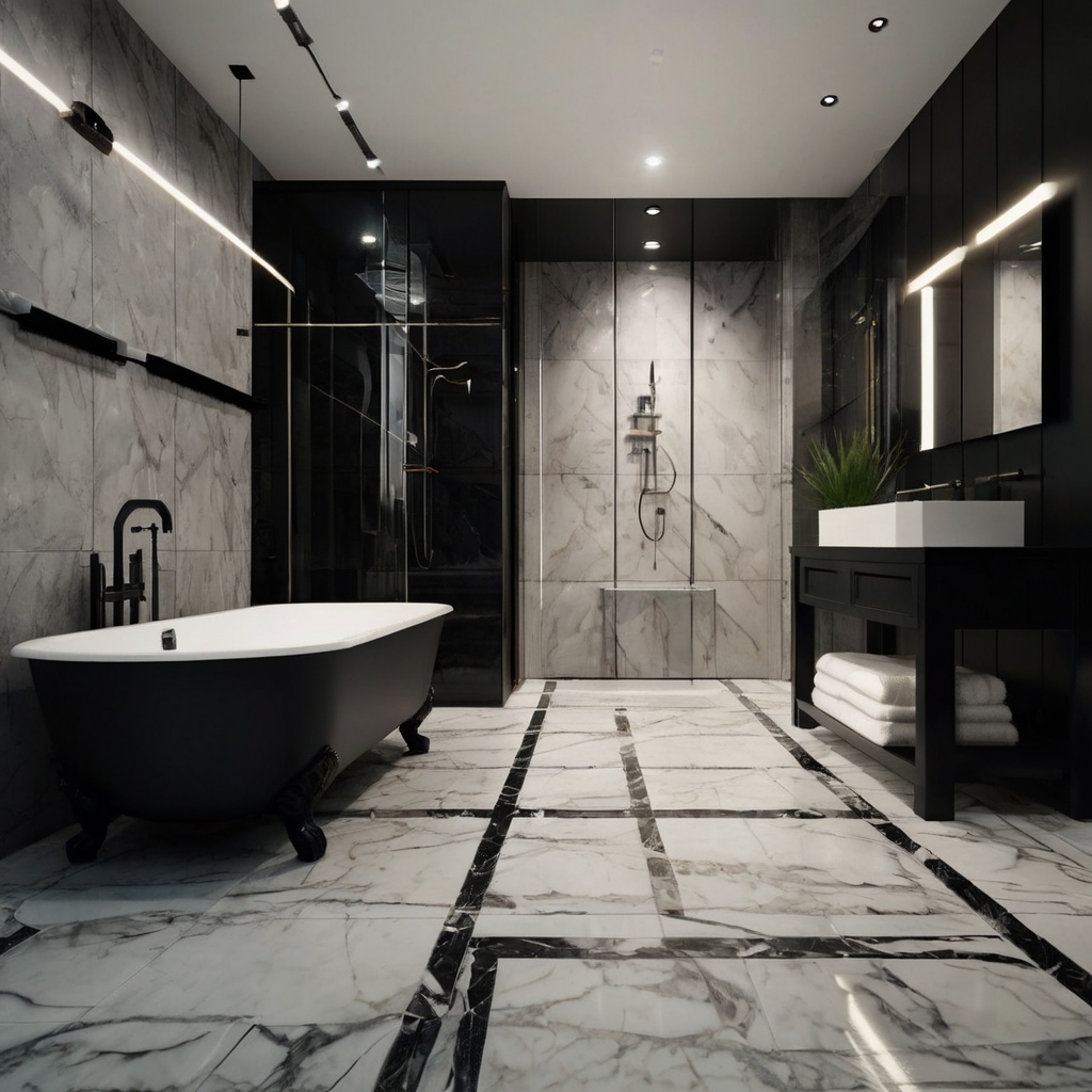 Bold monochrome bathroom with contrasting black and white tiles. High-contrast lighting sharpens elegant lines and modern details.