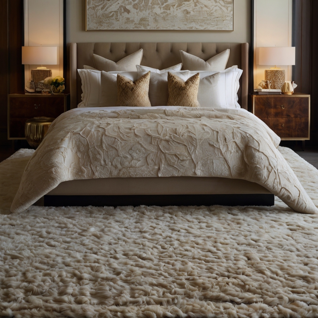Patterned silk-blend rug lies layered beneath the luxe bed. Anchors the room with softness, depth, and rich contrast.