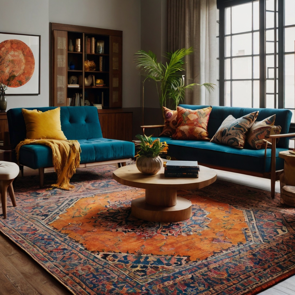 A bold, patterned rug takes center stage in a modern living room. Warm pendant lights highlight the rug’s colors against a clean wood floor.
