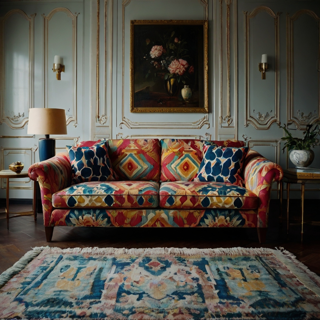 Vibrant patterned sofa bursting with colors against a plain neutral backdrop. Bold designs transform simple rooms into dynamic colorful wonderlands.