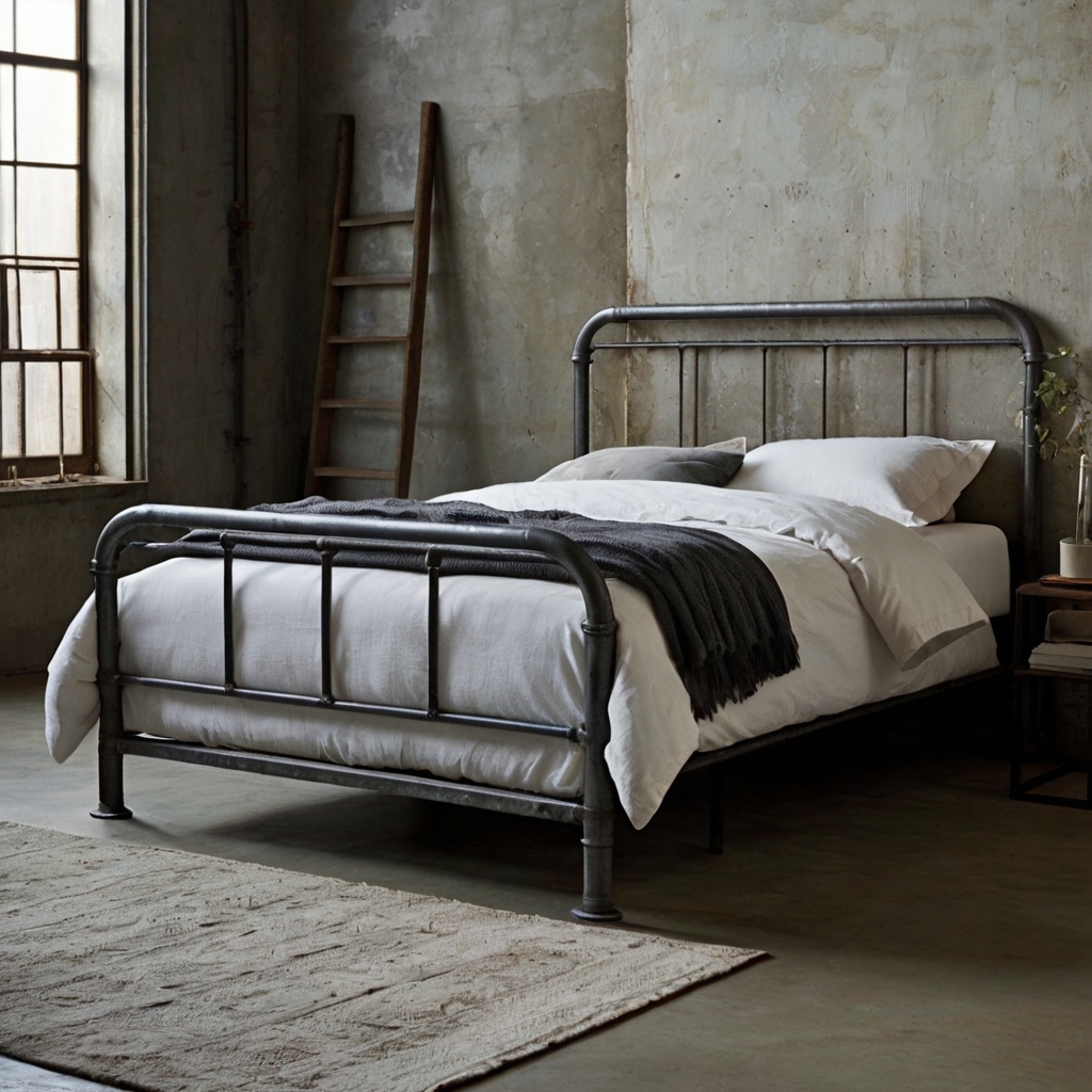 Strong steel frame bed standing boldly on concrete or timber floors. Industrial bedroom style highlighted with rugged charm and minimal linens.