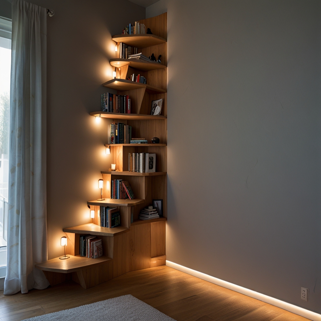 A zigzag wooden shelf stacks books in a step-like rhythm. Overhead spotlights trace crisp, clean shadows down its length.
