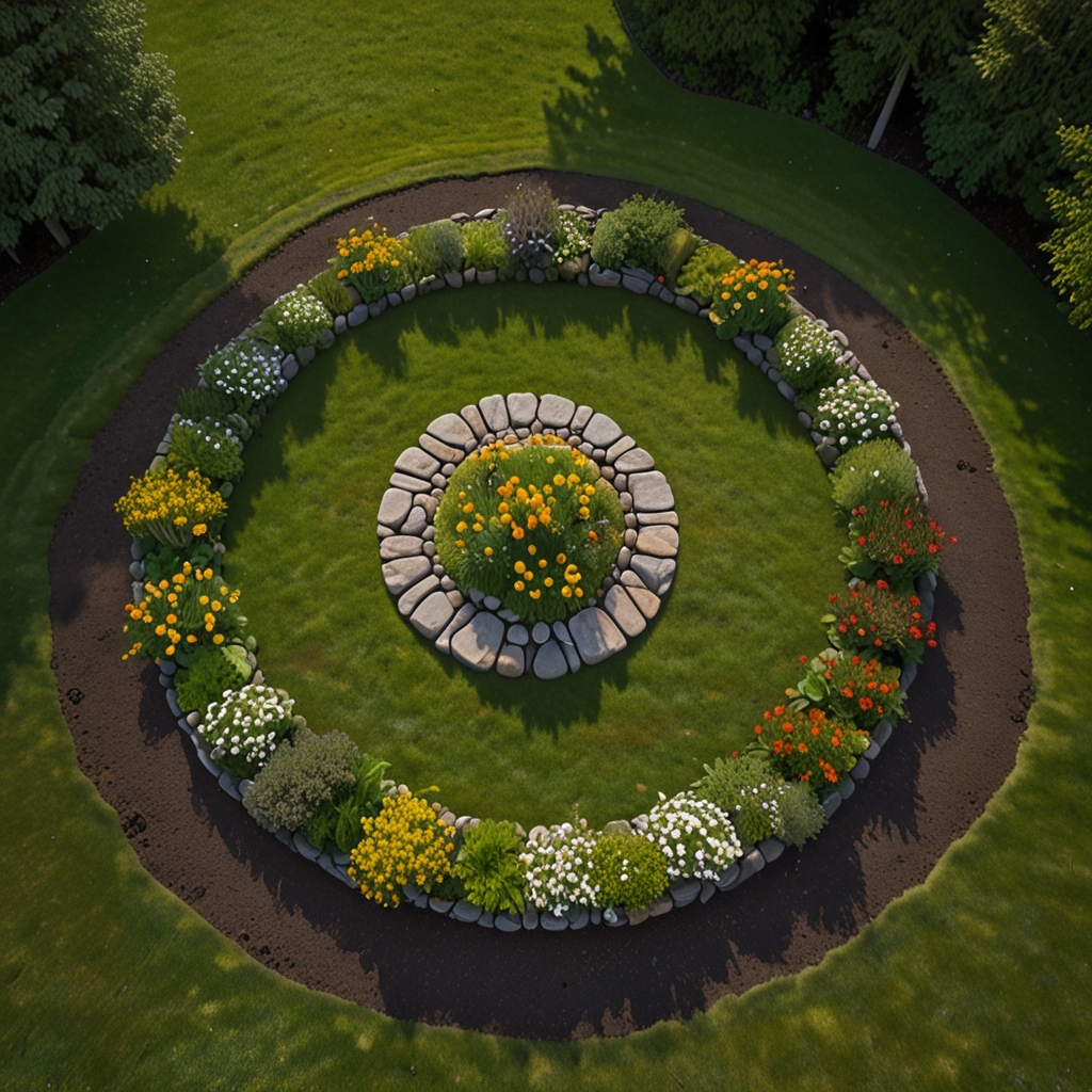 Drone shot of circular stone flower bed around tree trunk. Moss and muted blooms create a calm, earthy composition.