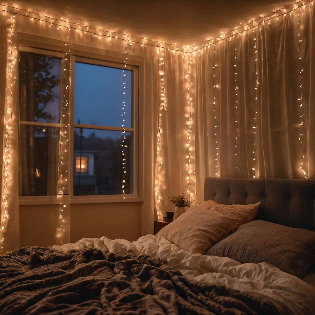 Soft fairy lights hang along a wall or headboard. They glow warmly to create dreamy evening ambiance.